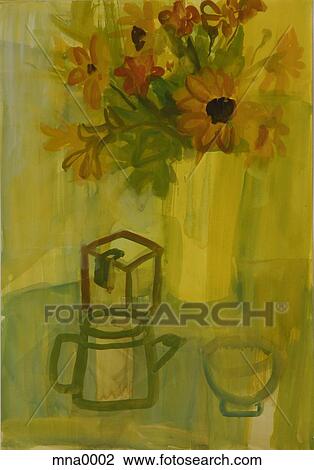 Drawing - Painting of flower vase on table with crockery. Fotosearch