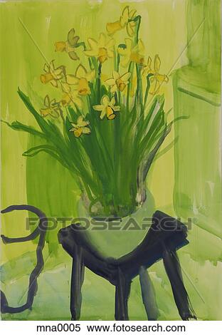 Stock Illustration - Painting of flowers vase on table. Fotosearch