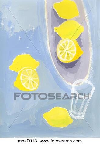 Painting of lemon and glass on table View Large Illustration Drawing - Painting of lemon and glass on table. Fotosearch