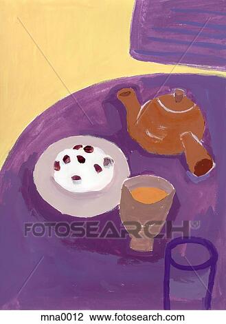Drawing - Painting of teapot and breakfast on table. Fotosearch