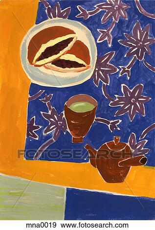 Stock Illustration - Painting of teapot and tea cup table. Fotosearch