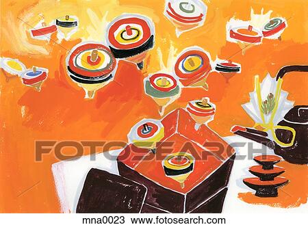 Painting of various spinning tops View Large Illustration Drawing - Painting of various spinning tops. Fotosearch