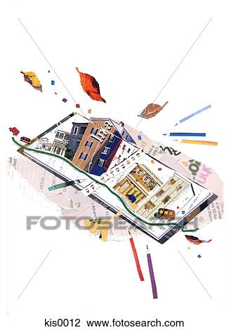 Drawing - Paper collage of book against white background. Fotosearch