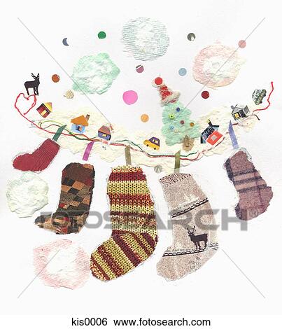 Stock Illustration - Paper collage of christmas stockings and christmas tree. Fotosearch