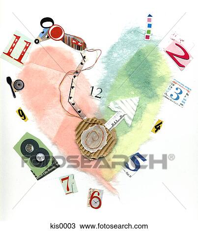 Drawing - Paper collage of heart shaped clock. Fotosearch
