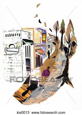 Paper collage of shopping lane View Large Illustration Drawing - Paper collage of shopping lane. Fotosearch
