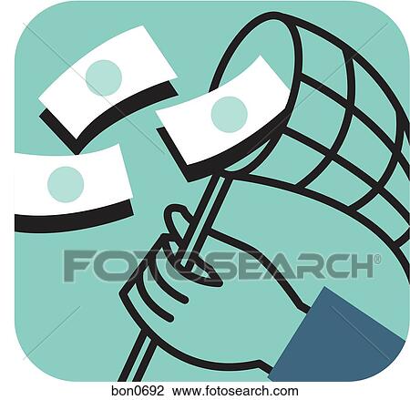 Drawing - Person with net catching dollar notes. Fotosearch