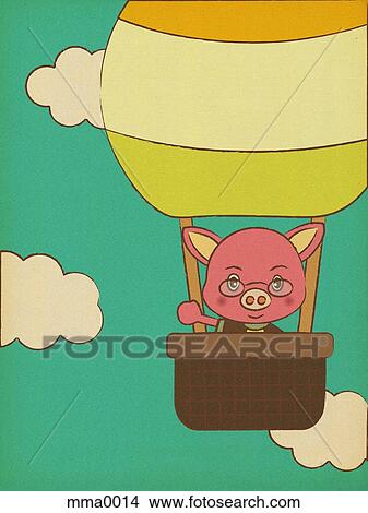 Stock Illustration - Pig in hot air balloon. Fotosearch