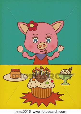 Stock Illustration - Piglet standing in front of birthday cake. Fotosearch