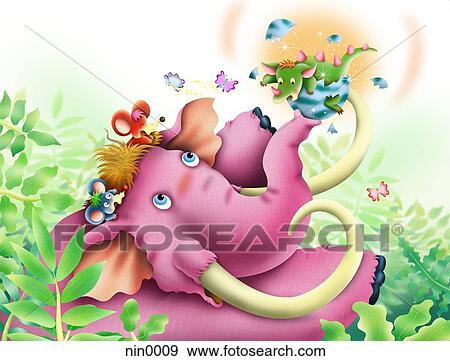 Stock Illustration - Pink elephant with dragon hatching from an egg. Fotosearch