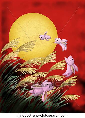 Stock Illustration - Pink rabbits hopping through field. Fotosearch
