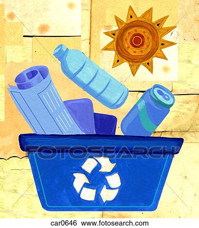 Stock Illustration - Plastic bottles in trash bin with recycle sign, close-up. Fotosearch