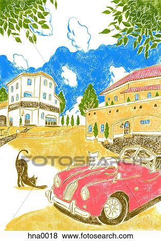 Stock Illustration - Red sports car with cats outside european buildings. Fotosearch