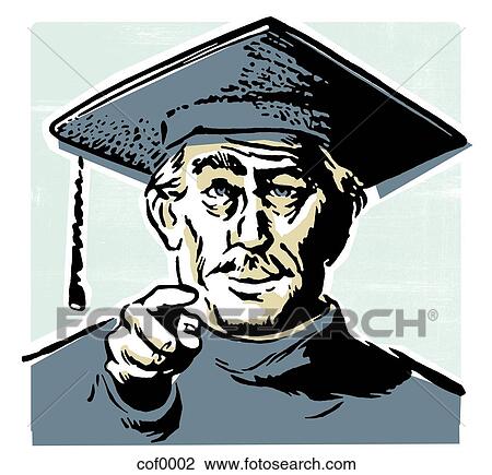 Drawing - Retro image of man dressed in graduation attire pointing his finger at viewer. Fotosearch