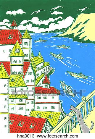 Riverside village View Large Illustration Drawing - Riverside village. Fotosearch