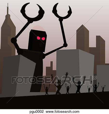Drawing - Robot attacking city. Fotosearch
