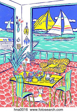 Stock Illustration - Room with view of sea. Fotosearch