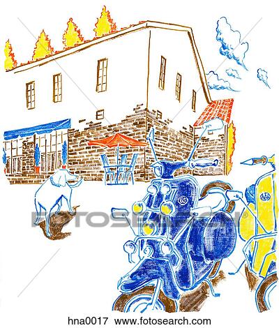 Scooters parked outside european building View Large Illustration Stock Illustration - Scooters parked outside european building. Fotosearch