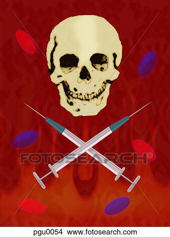 Skull with syringe and pills View Large Illustration Stock Illustration - Skull with syringe and pills. Fotosearch