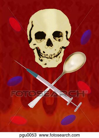 Skull with syringe, spoon and pills View Large Illustration Drawing - Skull with syringe, spoon and pills. Fotosearch