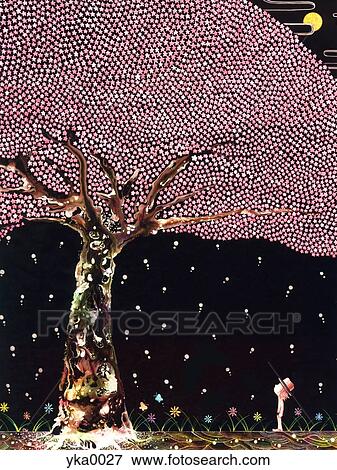 Small child looking up at pink patterned tree View Large Illustration Stock Illustration - Small child looking up at pink patterned tree. Fotosearch