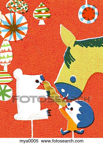 Stock Illustration - Small child playing with bear and donkey. Fotosearch
