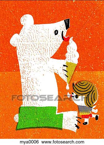 Small child sharing ice-cream with bear View Large Illustration Stock Illustration - Small child sharing ice-cream with bear. Fotosearch