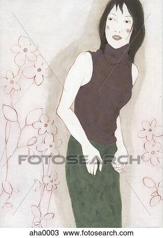 Stylish woman against floral background View Large Illustration Drawing - Stylish woman against floral background. Fotosearch