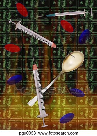 Syringes and spoon in front of dollar bills View Large Illustration Drawing - Syringes and spoon in front of dollar bills. Fotosearch