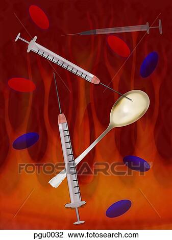 Syringes and spoon in front of flames View Large Illustration Drawing - Syringes and spoon in front of flames. Fotosearch