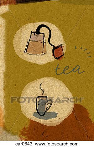 Drawing - Tea bag, cup and saucer. Fotosearch