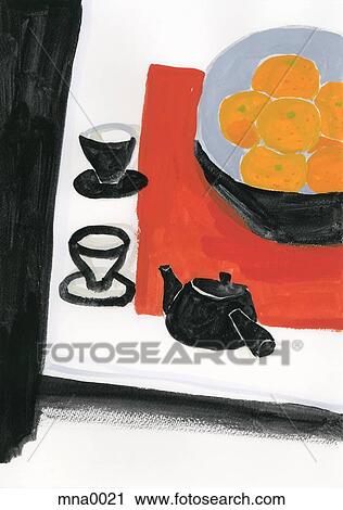 Clip Art - Teapot and tea cup with food on table. Fotosearch