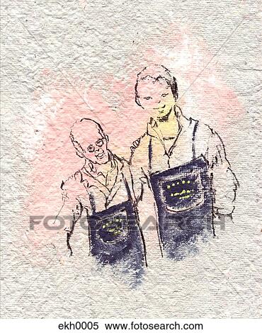 Stock Illustration - Textured drawing father and son. Fotosearch