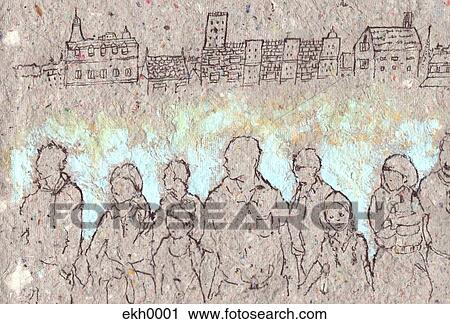 Clip Art - Textured drawing of group of people. Fotosearch