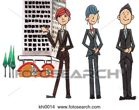 Stock Illustration - Three corporate women in front of office block. Fotosearch