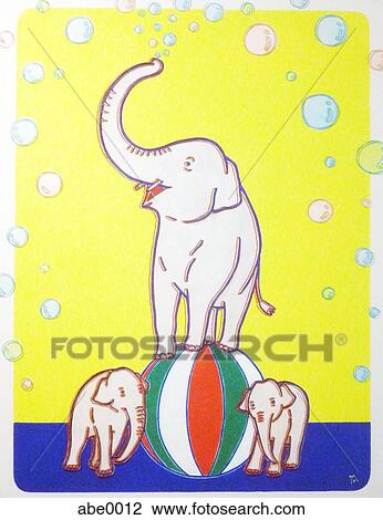 Drawing - Three elephants performing with big ball. Fotosearch