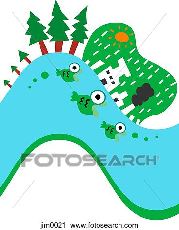 Clip Art - Three fish swimming down stream. Fotosearch
