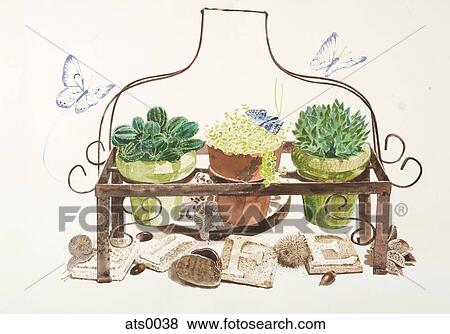 Three flower pots in a rustic hanger View Large Illustration Stock Illustration - Three flower pots in a rustic hanger. Fotosearch