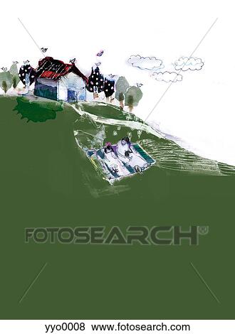 Three people having picnic on hill View Large Illustration Stock Illustration - Three people having picnic on hill. Fotosearch