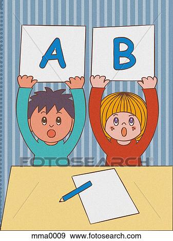 Two children holding letter a and b View Large Illustration Stock Illustration - Two children holding letter a and b. Fotosearch
