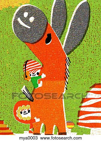 Two children holding on to donkey View Large Illustration Drawing - Two children holding on to donkey. Fotosearch