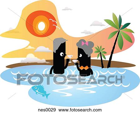 Stock Illustration - Two figures bathing in the sea whilst sipping cocktails with palm trees and a setting sun in the background. Fotosearch