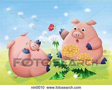 Two happy pigs in field View Large Illustration Clipart - Two happy pigs in field. Fotosearch