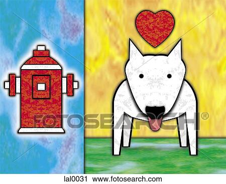 Clip Art - Two juxtaposed images consisting of a white dog with a heart above and a red fire hydrant. Fotosearch