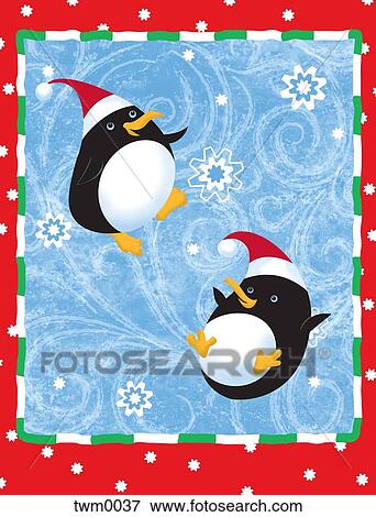 Stock Illustration - Two penguins in Santa hats playing in the snow. Fotosearch