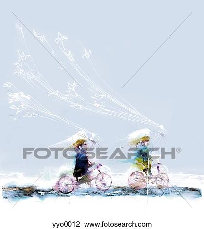 Drawing - Two people riding bicycle. Fotosearch