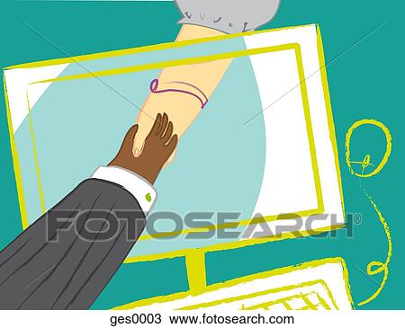 Two people shaking hands through a modern looking computer View Large Illustration Drawing - Two people shaking hands through a modern looking computer. Fotosearch