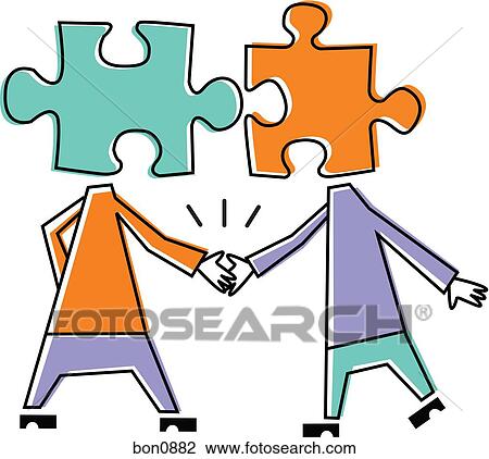 Two people with puzzle pieces for heads shake hands View Large Illustration Drawing - Two people with puzzle pieces for heads shake hands. Fotosearch