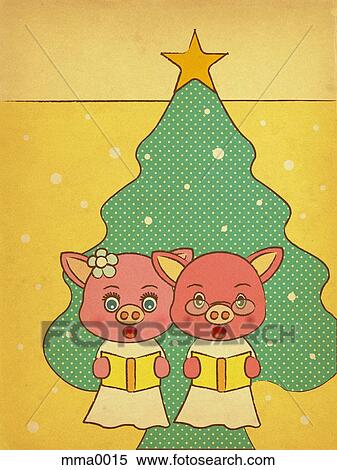Two pigs singing carols in front of christmas tree View Large Illustration Stock Illustration - Two pigs singing carols in front of christmas tree. Fotosearch