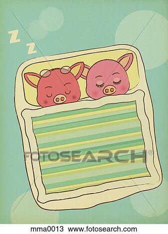 Drawing - Two pigs sleeping side by side. Fotosearch